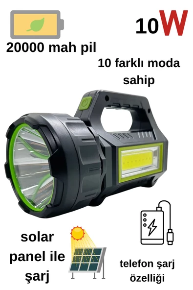 Ps-t95 10w Uzun Menzilli Solar Panelli Powerbank Usb Çıkış S.o.s Lu Ultra Güçlü Ledli Şarjlı Feneri