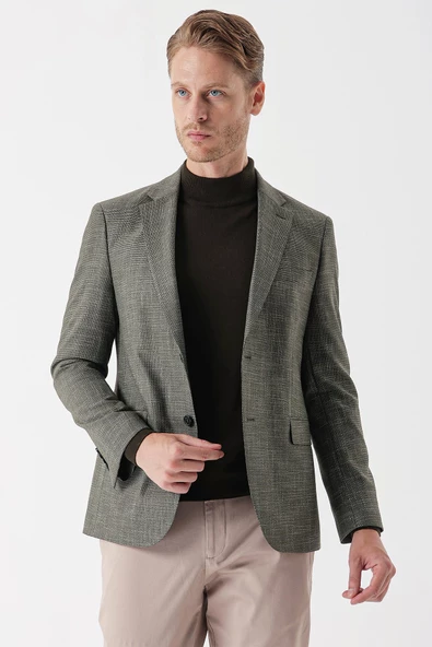 Koyu Haki Desenli Armürlü Mono Yaka Çift Yırtmaç 6 Drop Slim Fit Dar Kesim Klasik Ceket 1002235133