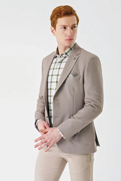 Bej Örme Mono Yaka Çift Yırtmaç Likralı 6 Drop Slim Fit Dar Kesim Klasik Ceket 1002240138 ürün görseli