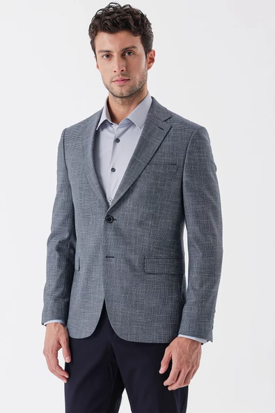 Koyu Lacivert Armürlü Mono Yaka Çift Yırtmaç 6 Drop Slim Fit Klasik Ceket 1002235133