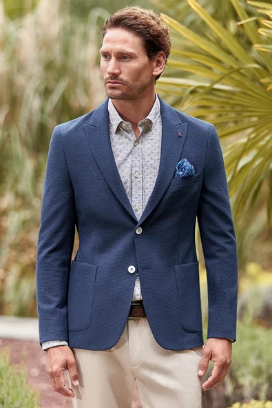 Koyu Lacivert Desenli Kırlangıç Yaka Likralı 6 Drop Slim Fit Dar Kesim Casual Ceket 1002240155