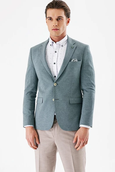Yeşil Desenli Mono Yaka Çift Yırtmaç Likralı 6 Drop Slim Fit Dar Kesim Klasik Ceket 1002240151