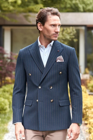 Koyu Lacivert Çizgili Desen Gofreli Kruvaze 6 Drop Slim Fit Classic Esnek Ceket 1002240159