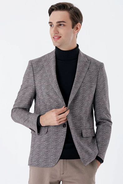Koyu Kahverengi Ekoseli Örme Kırlangıç Yaka Çift Yırtmaç 6 Drop Slim Fit Klasik Ceket 1002235110