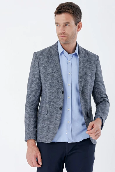 Koyu Lacivert Ekoseli Örme Kırlangıç Yaka Çift Yırtmaç 6 Drop Slim Fit Klasik Ceket 1002235110