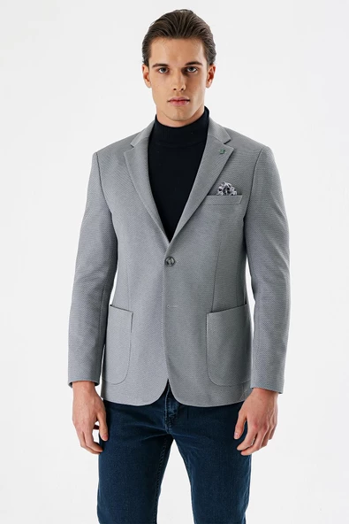 Gri Desenli Mono Yaka Astarlı Çift Yırtmaç 6 Drop Slim Fit Dar Kesim Klasik Ceket 1002240150