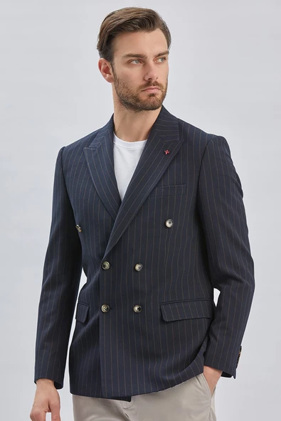 Koyu Lacivert Çizgili Desen Gofreli Kruvaze 6 Drop Slim Fit Classic Esnek Ceket 1002240159 - Resim 6