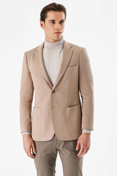 Koyu Vizon Desenli Mono Yaka Astarlı Çift Yırtmaç 6 Drop Slim Fit Dar Kesim Klasik Ceket 1002240150