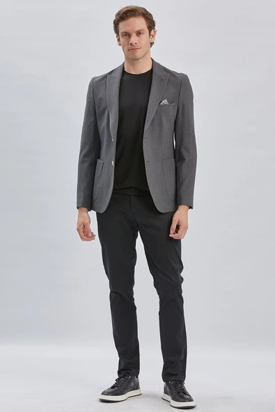 Koyu Antrasit Desenli Kırlangıç Yaka Likralı 6 Drop Slim Fit Dar Kesim Casual Ceket 1002240155 - Resim 2