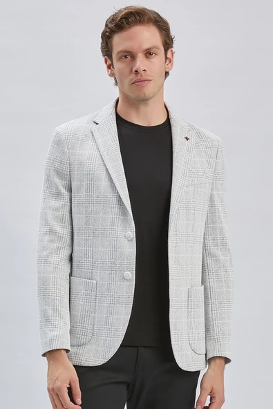 Gri Mono Yaka Ekose Desen 2 Düğmeli 6 Drop Slim Fit Ceket 1002240158