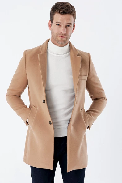 Taba Kaşe Mono Yaka Kapitoneli Astar Slim Fit Dar Kesim Klasik Kaban 1008235171 - 3