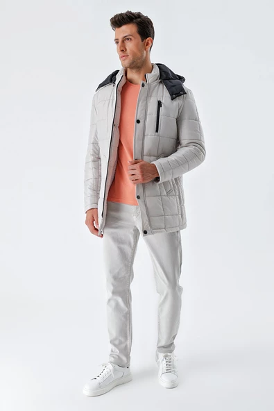 Taş Rengi Kapüşonlu Kapitoneli Astar Comfort Fit Rahat Kesim Klasik Kaban 1008235155 - 3