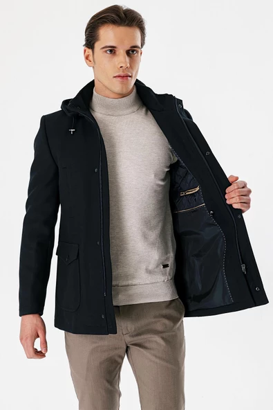 Koyu Lacivert Kaşe Dik Yaka Astarlı Slim Fit Dar Kesim Kaban 1008235272 - 5