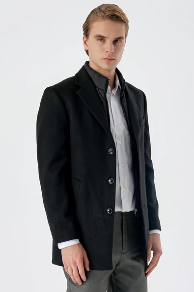 Siyah Kaşe Mono Yaka Kapitoneli Astar Slim Fit Dar Kesim Klasik Kaban 1008235167