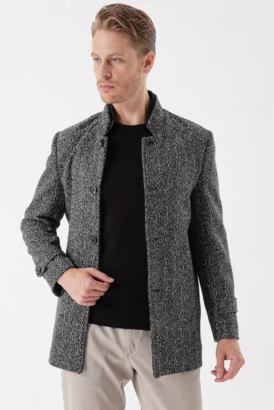 Koyu Antrasit Kaşe Hakim Yaka Desenli Yırtmaçlı Astarlı Slim Fit Dar Kesim Klasik Kaban 1008235153
