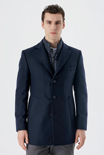 Koyu Lacivert Kaşe Mono Yaka Kapitoneli Astar Slim Fit Dar Kesim Klasik Kaban 1008235167