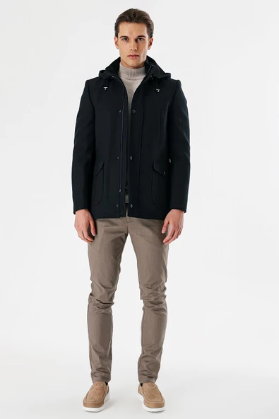 Koyu Lacivert Kaşe Dik Yaka Astarlı Slim Fit Dar Kesim Kaban 1008235272 - 2