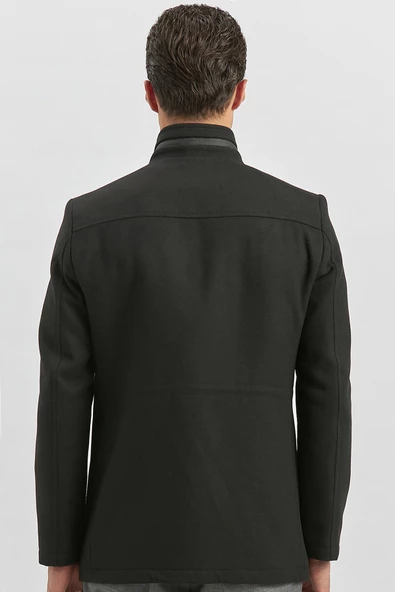 Siyah Kaşe Dik Yaka Kapitoneli Astar Slim Fit Dar Kesim Klasik Kaban 1008245150 - Resim 6