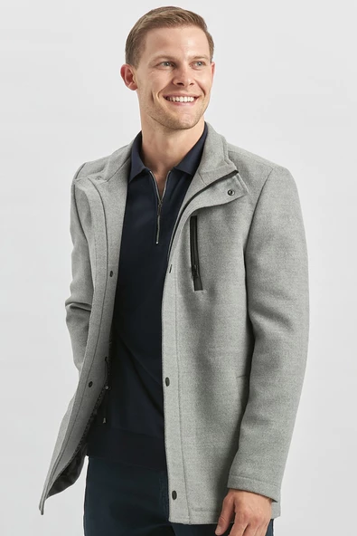 Gri Kaşe Dik Yaka Kapitoneli Astar Slim Fit Dar Kesim Klasik Kaban 1008245150