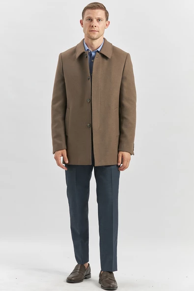 Koyu Vizon Kaşe Bebe Yaka Kapitoneli Astar Comfort Fit Rahat Kesim Klasik Kaban 1008245161 - 5