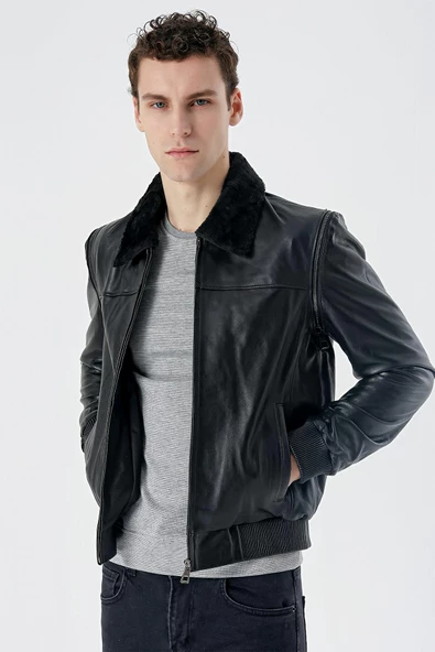 Siyah Gömlek Yaka Hakiki Deri Comfort Fit Rahat Kesim Casual Mont 1038235208 - 5