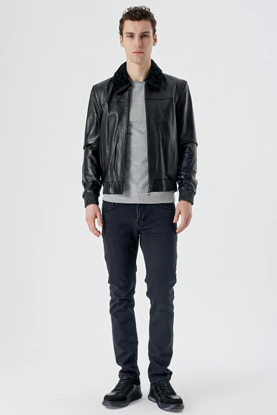 Siyah Gömlek Yaka Hakiki Deri Comfort Fit Rahat Kesim Casual Mont 1038235208 - 6