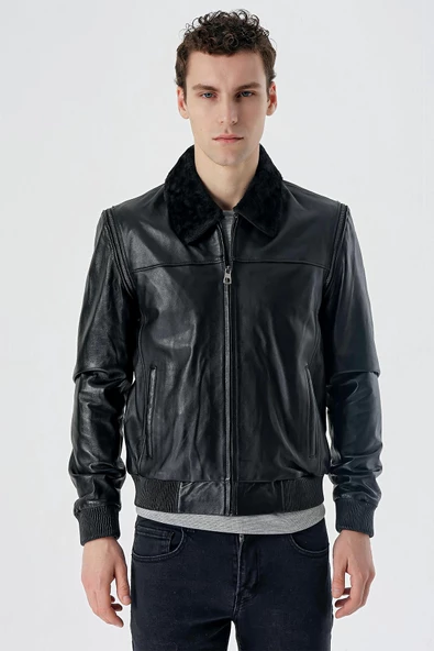 Siyah Gömlek Yaka Hakiki Deri Comfort Fit Rahat Kesim Casual Mont 1038235208