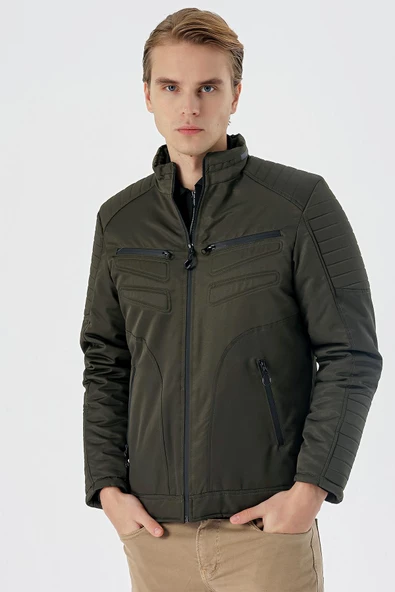 Koyu Haki Dik Yaka Astarlı Comfort Fit Rahat Kesim Casual Mont 1007235166