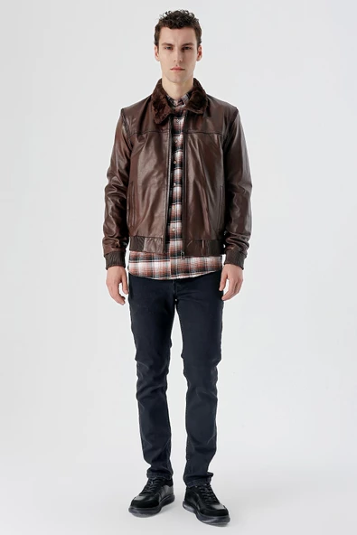 Koyu Kahverengi Gömlek Yaka Hakiki Deri Comfort Fit Rahat Kesim Casual Mont 1038235208 - 5