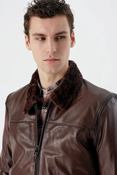 Koyu Kahverengi Gömlek Yaka Hakiki Deri Comfort Fit Rahat Kesim Casual Mont 1038235208 - 6