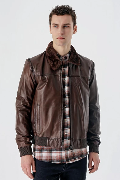 Koyu Kahverengi Gömlek Yaka Hakiki Deri Comfort Fit Rahat Kesim Casual Mont 1038235208 - 2