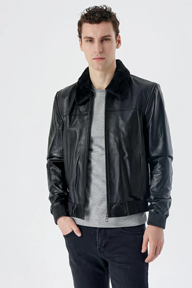 Siyah Gömlek Yaka Hakiki Deri Comfort Fit Rahat Kesim Casual Mont 1038235208 - 4