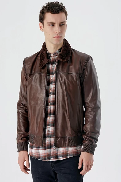 Koyu Kahverengi Gömlek Yaka Hakiki Deri Comfort Fit Rahat Kesim Casual Mont 1038235208 - 3