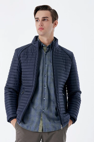 Koyu Lacivert Kapitone Dolumlu Dik Yaka Astarlı Slim Fit Dar Kesim Casual Mont 1007235164