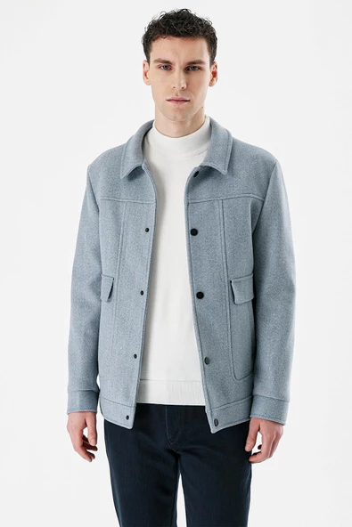 Koyu Mavi Kaşe Kolej Yaka Astarlı Slim Fit Dar Kesim Casual Mont 1007235172 - 3