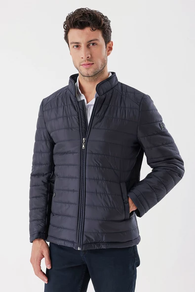 Koyu Lacivert Hakim Yaka Astarlı Slim Fit Dar Kesim Casual Mont 1007235156