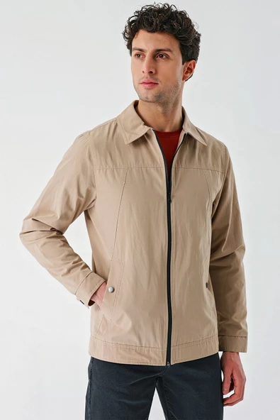 Açık Bej Bez Ayağı Polo Yaka Düz Tam Astar Slim Fit Casual Mont 1007240101