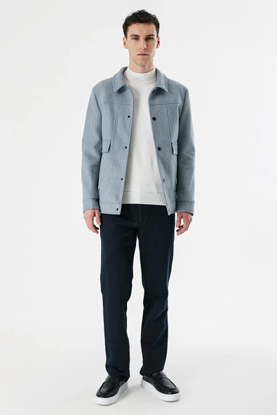 Koyu Mavi Kaşe Kolej Yaka Astarlı Slim Fit Dar Kesim Casual Mont 1007235172 - 5