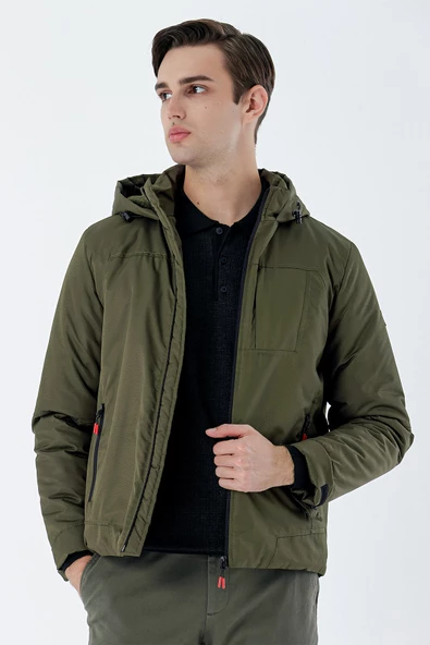 Koyu Haki Dik Yaka Astarlı Slim Fit Dar Kesim Casual Mont 1007235161