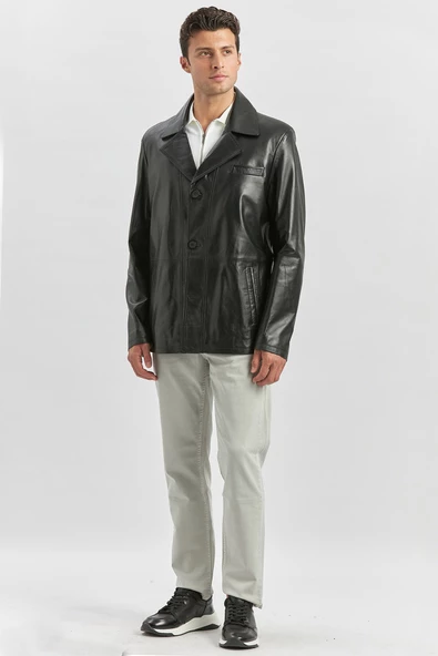 Siyah Hakiki Deri Kırlangıç Yaka Astarlı Slim Fit Dar Kesim Casual Deri Mont 1038235152 - 5