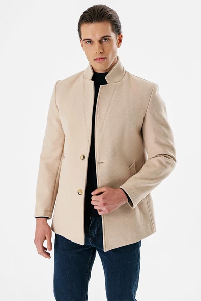 Açık Bej Kaşe Dik Yaka Astarlı Slim Fit Dar Kesim Casual Mont 1007235170