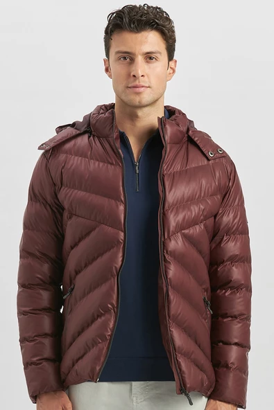 Bordo Dolumlu Çıkarılabilir Kapüşonlu Astarlı Slim Fit Dar Kesim Casual Mont 1007245151 - Resim 4