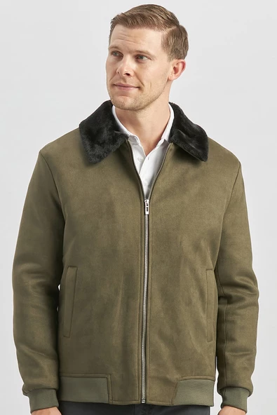 Koyu Haki Dolumlu Kürklü Yaka Likralı Kapitoneli Astar Slim Fit Dar Kesim Casual Mont 1007245152 - Resim 4