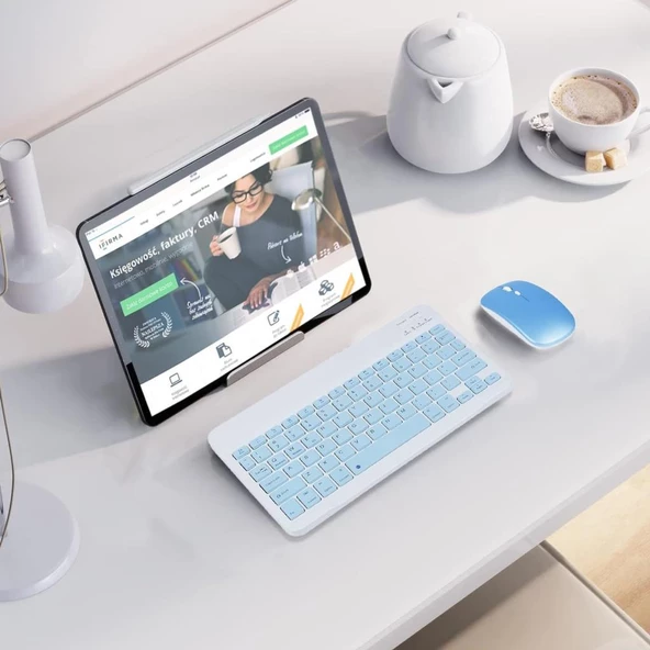Chuwi Ubook 11.6" Uyumlu Kablosuz Bluetooth Şarj Edilebilir Klavye Mouse Seti - Mavi - 3