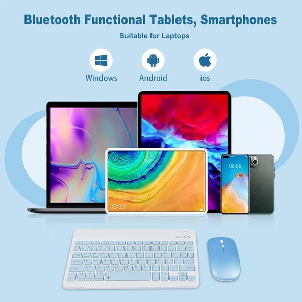 Chuwi Ubook 11.6" Uyumlu Kablosuz Bluetooth Şarj Edilebilir Klavye Mouse Seti - Mavi - 5
