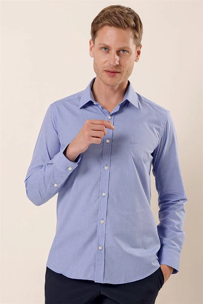 Mavi Uzun Kollu Filafil Desen Filafil Sert Yaka Cepsiz Pamuklu Basic Slim Gömlek 1004230907