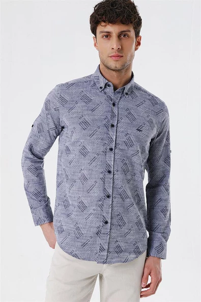 Koyu Lacivert Kısalabilir Kollu Desenli JakarlıCepsiz %100 Pamuk Casual Slim Fit Gömlek 1004230182