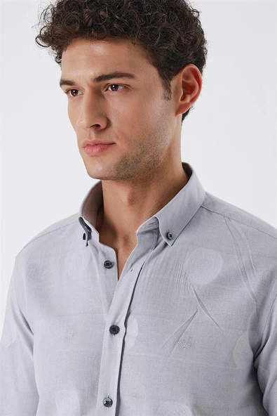 Açık Gri Kısalabilir Kollu Desenli JakarlıCepsiz %100 Pamuk Casual Slim Fit Gömlek 1004230183 - Resim 5