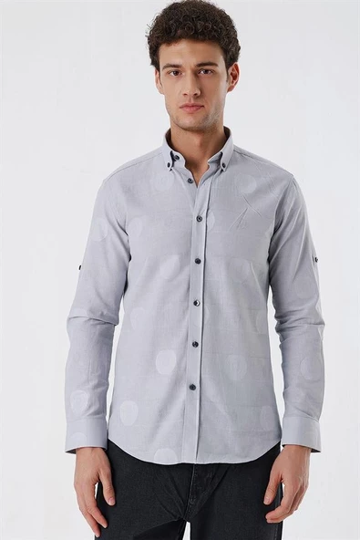 Açık Gri Kısalabilir Kollu Desenli JakarlıCepsiz %100 Pamuk Casual Slim Fit Gömlek 1004230183