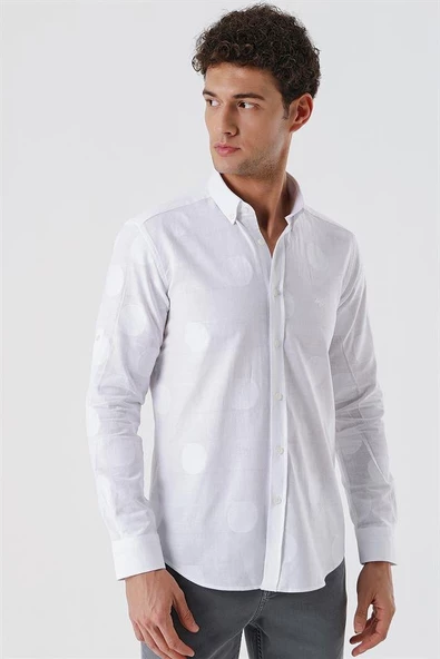 Beyaz Kısalabilir Kollu Desenli JakarlıCepsiz %100 Pamuk Casual Slim Fit Gömlek 1004230183 - Resim 2